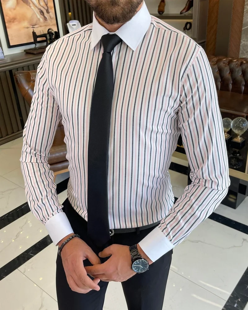 ترزي اددم Tailor Adem Italian Style Slim Fit Striped Men's Tie Collar Shirt White T9234