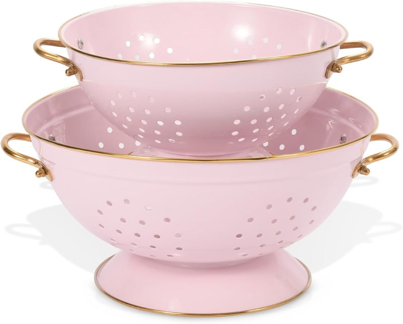 BeFare Metal Colander Set of 2, Strainer Basket with Handles 3.5 & 5 Qt Powder Coated Self-draining Solid Ring Base Metal Large Kitchen Colander Bowel for Pasta Vegetable Fruit (PINK) - Image 1