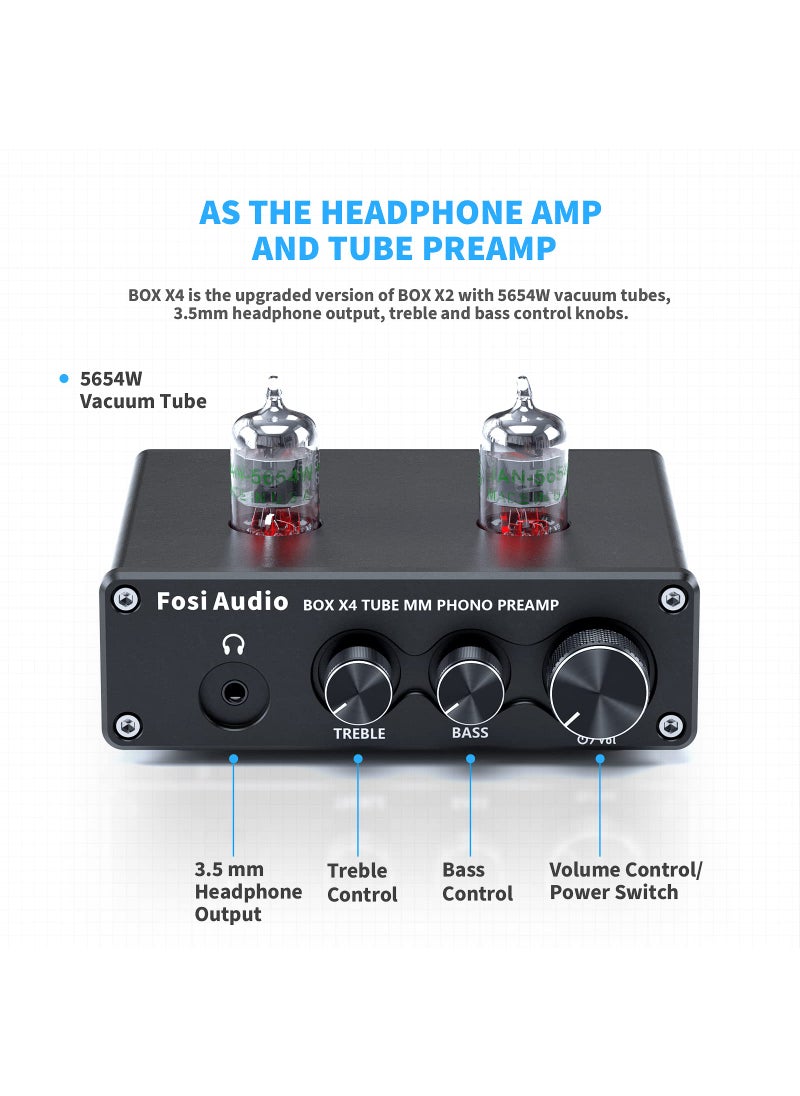 Fosi Audio Fosi Audio Box X4 Phono Preamp with JAN 5654W Vacuum Tubes for MM Turntable Phonograph Record Player with Volume Bass Treble Control  - Image 3