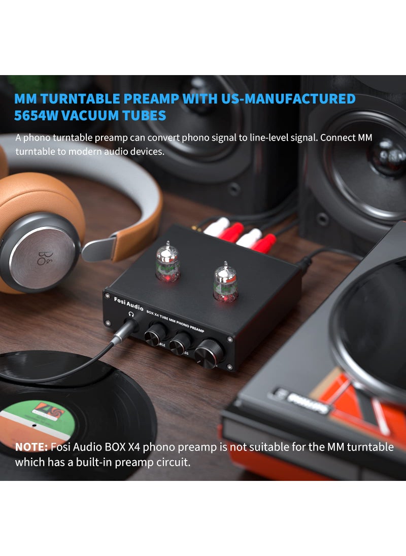 Fosi Audio Fosi Audio Box X4 Phono Preamp with JAN 5654W Vacuum Tubes for MM Turntable Phonograph Record Player with Volume Bass Treble Control  - Image 2