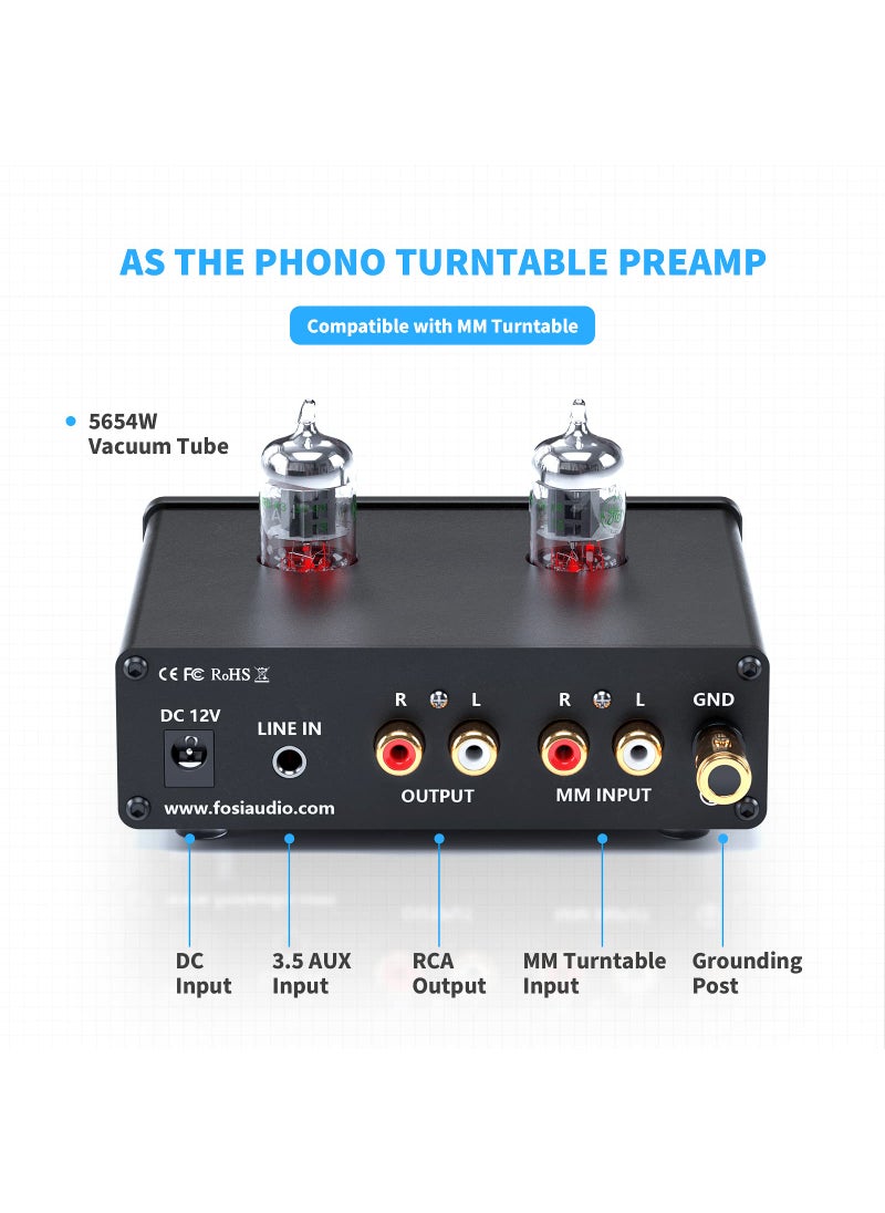 Fosi Audio Fosi Audio Box X4 Phono Preamp with JAN 5654W Vacuum Tubes for MM Turntable Phonograph Record Player with Volume Bass Treble Control  - Image 4