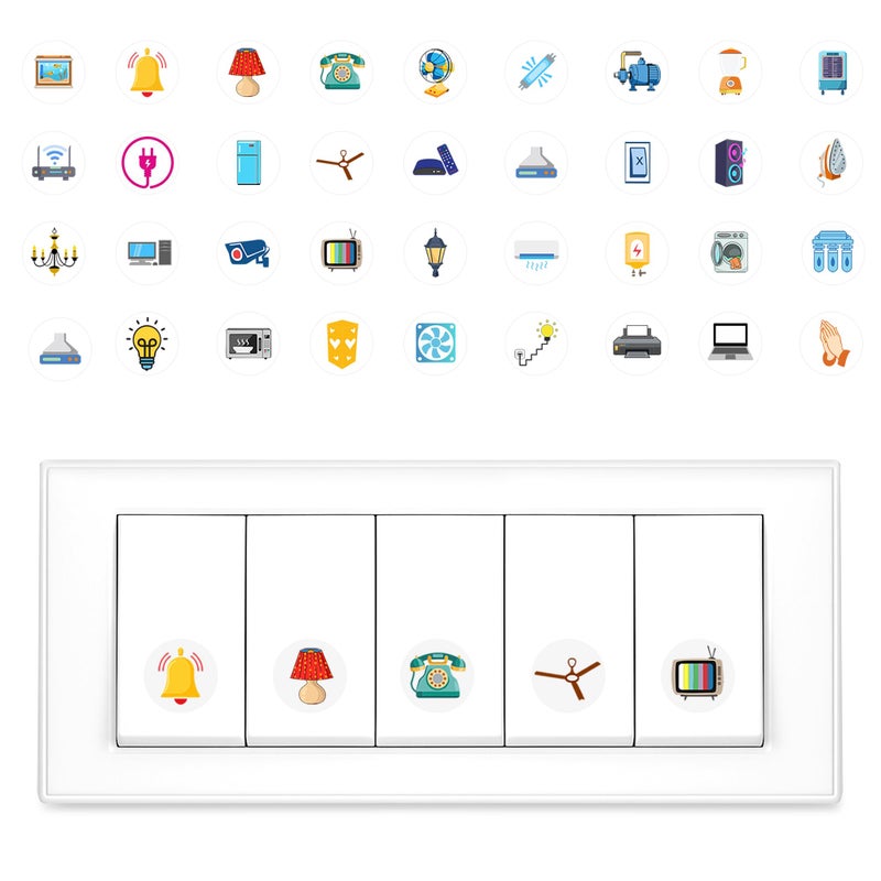 GLUN® Electric Board Switch Stickers, 38 Icons 600 Stickers Set Rainbow Colors, for All Types of Appliances or Machinery, Fan, Light, Fridge, AC, Switch Stickers - Image 5
