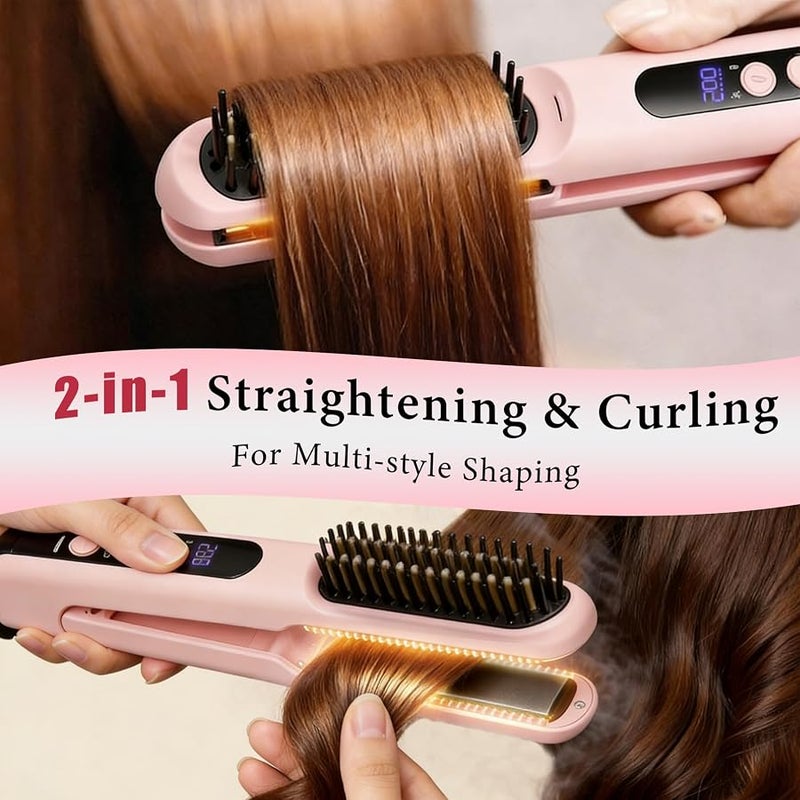 Cordless Hair Straightener Brush - Curler 2 in 1 Hair Styling Tools，Portable Rechargeable Battery-Powered for Travel with 4 Temperature Settings， Removable for Easy Cleaning - Image 2