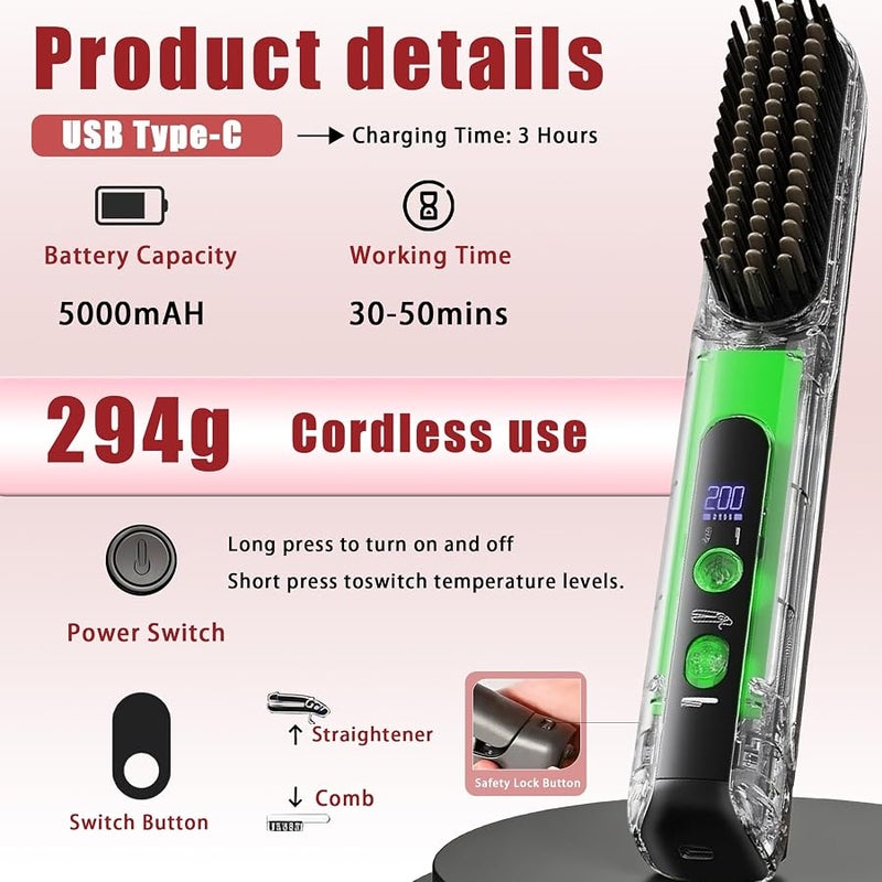 Cordless Hair Straightener Brush - Curler 2 in 1 Hair Styling Tools，Portable Rechargeable Battery-Powered for Travel with 4 Temperature Settings， Removable for Easy Cleaning - Image 5