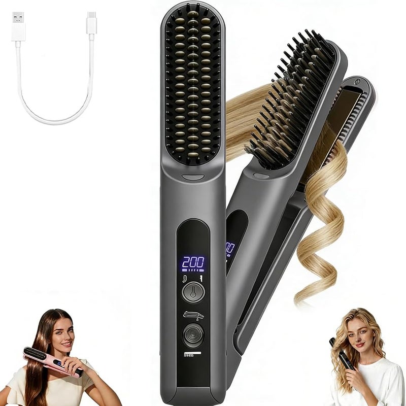 Cordless Hair Straightener Brush - Curler 2 in 1 Hair Styling Tools，Portable Rechargeable Battery-Powered for Travel with 4 Temperature Settings， Removable for Easy Cleaning - Image 1