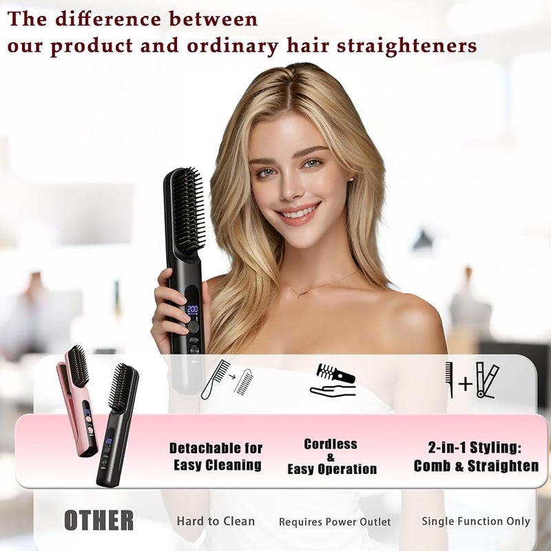 Cordless Hair Straightener Brush - Curler 2 in 1 Hair Styling Tools，Portable Rechargeable Battery-Powered for Travel with 4 Temperature Settings， Removable for Easy Cleaning - Image 3