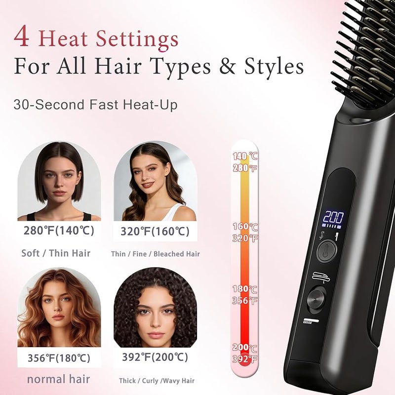Cordless Hair Straightener Brush - Curler 2 in 1 Hair Styling Tools，Portable Rechargeable Battery-Powered for Travel with 4 Temperature Settings， Removable for Easy Cleaning - Image 4