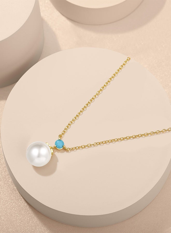 Moonmory 18K Gold Plated 925 Sterling Silver Pearl Necklace For Women With Turquoise Original Dome Floral Pendant 50CM Adjustable Chain Islamic Flower Totem Gift For Ramadan Mother’s Day Valentine’s Day - Image 3