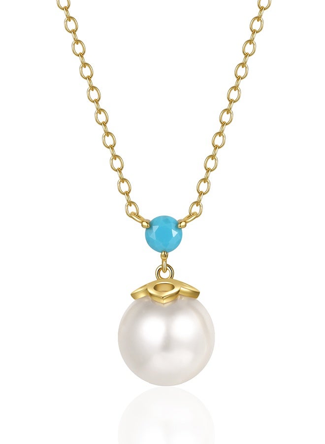 Moonmory 18K Gold Plated 925 Sterling Silver Pearl Necklace For Women With Turquoise Original Dome Floral Pendant 50CM Adjustable Chain Islamic Flower Totem Gift For Ramadan Mother’s Day Valentine’s Day - Image 1