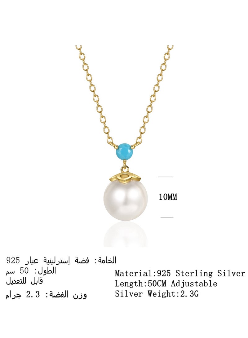 Moonmory 18K Gold Plated 925 Sterling Silver Pearl Necklace For Women With Turquoise Original Dome Floral Pendant 50CM Adjustable Chain Islamic Flower Totem Gift For Ramadan Mother’s Day Valentine’s Day - Image 2