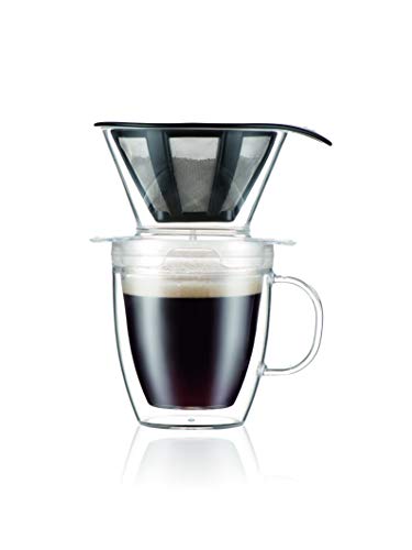 Bodum 12oz Pour Over Coffee Dripper Set wDouble Wall Mug and Reusable Permanent Filter Plastic BPAFree Clear