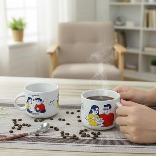Femora Ceramic Couple Mug Set, Set of 2, Off White, 350ml | His & Her Coffee Cup | Matte Finish | Large Mug for Coffee | Premium Ceramic Coffee Cup (His & Her) - Image 1