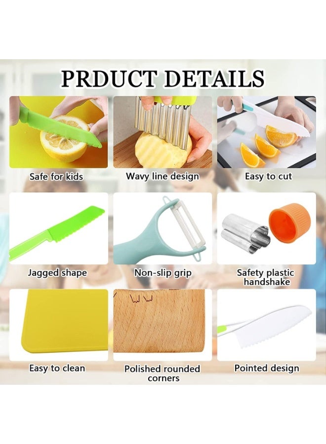 Kids Safe Knife Set for Cooking, 11 Pcs Toddler Kitchen Tools with Wooden Knife, Plastic Serrated Knives, Crinkle Cutter, Peeler, Cutting Board, Fruit Shape Cutters for Kids Learning - Image 4