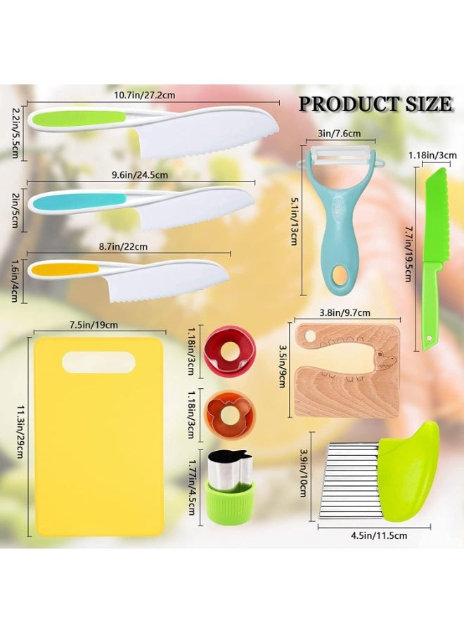 Kids Safe Knife Set for Cooking, 11 Pcs Toddler Kitchen Tools with Wooden Knife, Plastic Serrated Knives, Crinkle Cutter, Peeler, Cutting Board, Fruit Shape Cutters for Kids Learning - Image 3