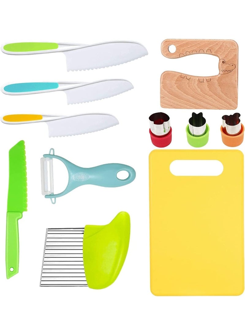 Kids Safe Knife Set for Cooking, 11 Pcs Toddler Kitchen Tools with Wooden Knife, Plastic Serrated Knives, Crinkle Cutter, Peeler, Cutting Board, Fruit Shape Cutters for Kids Learning - Image 1