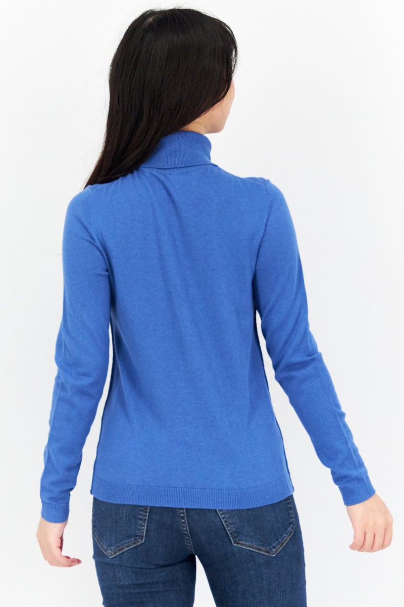 EDC Women High Neck Long Sleeve Solid Sweater, Blue - Image 4