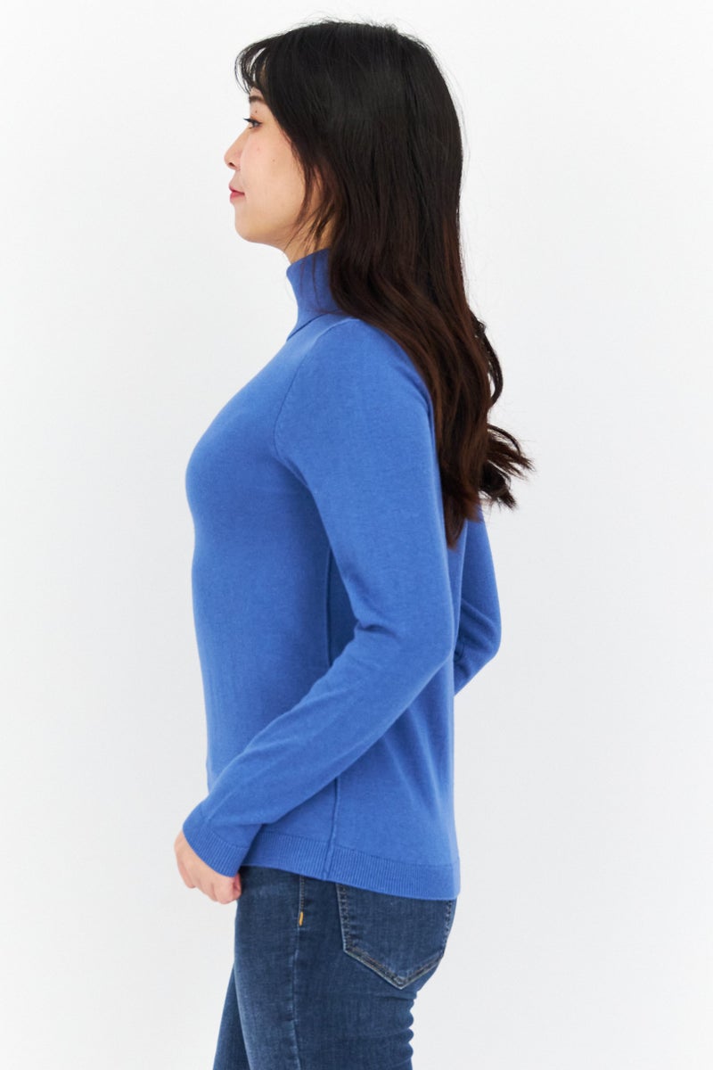 EDC Women High Neck Long Sleeve Solid Sweater, Blue - Image 2