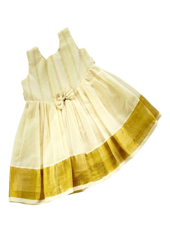 Picksparrow Baby Girl Knee-Length Cotton Frock/Traditional Dress/Kerala Kasavu Dress (Kasavu Stripes) (3-6 Months), Offwhite - Image 1