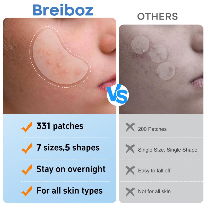 Breiboz Pimple Patches for Face & Body,331 Patches Variety Pack w/ Large Sizes,Invisible Hydrocolloid Acne Patch with Tea Tree Oil & Salicylic Acid,Overnight Zit Stickers for Blemishes & Spots, All Skin Types - Image 3