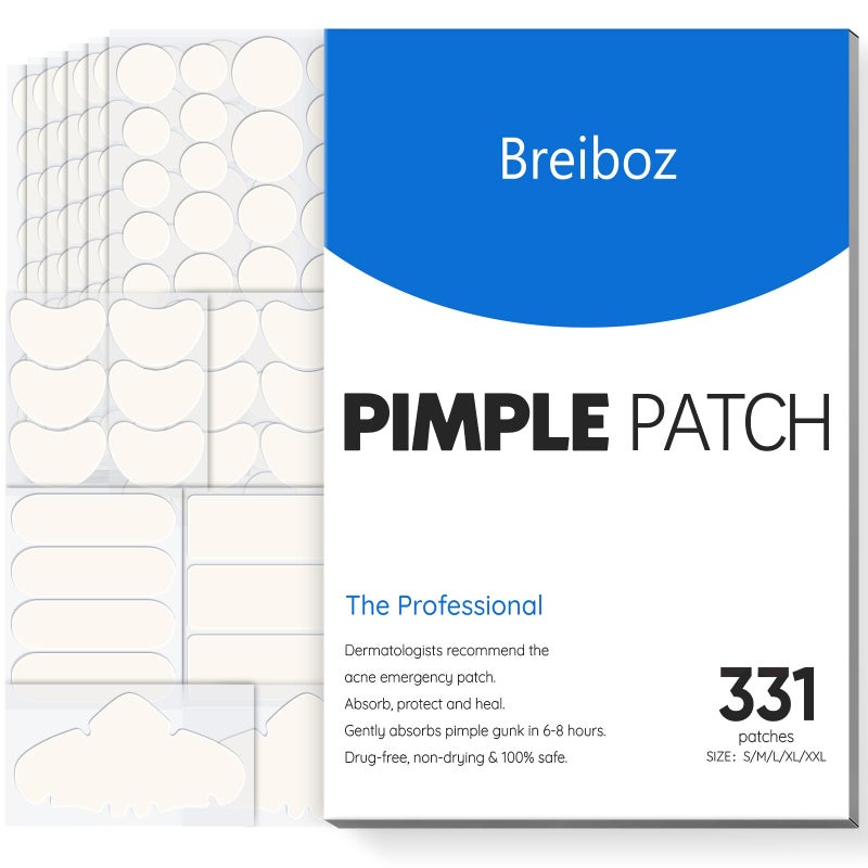 Breiboz Pimple Patches for Face & Body,331 Patches Variety Pack w/ Large Sizes,Invisible Hydrocolloid Acne Patch with Tea Tree Oil & Salicylic Acid,Overnight Zit Stickers for Blemishes & Spots, All Skin Types - Image 1