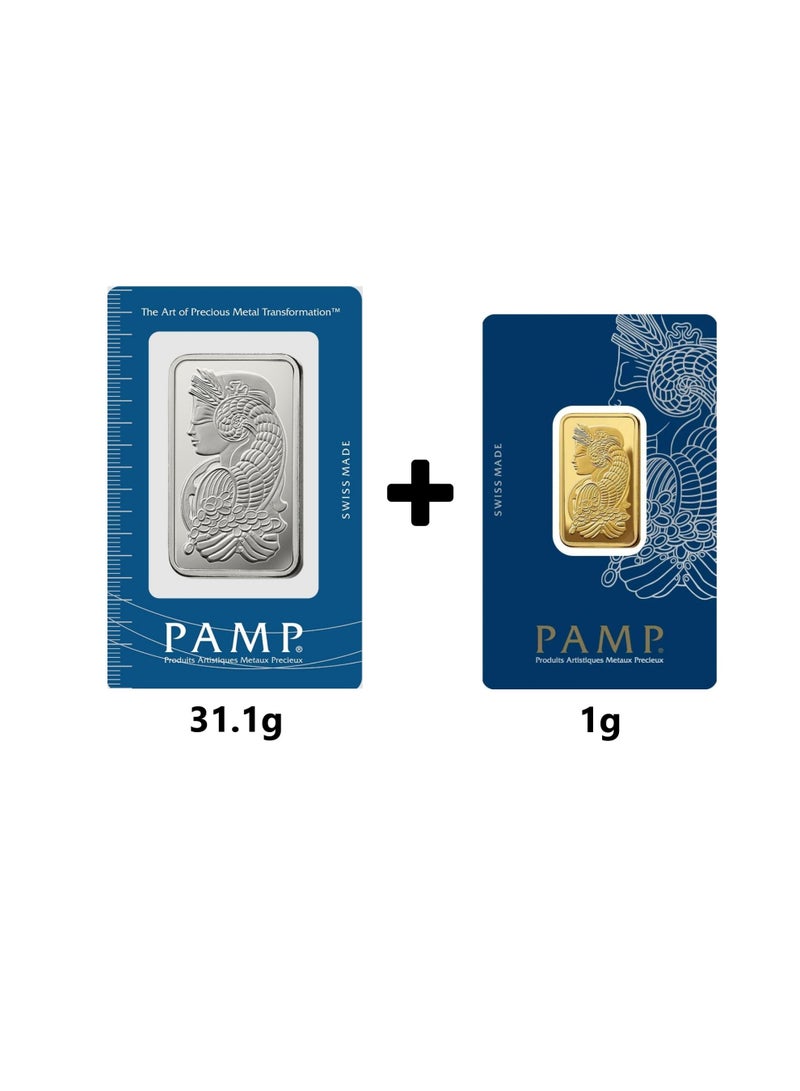 PAMP Silver Bar (31.1g / 1 oz) – Fortuna Series + PAMP Swiss Gold Bar (24K, 1g) - Image 1