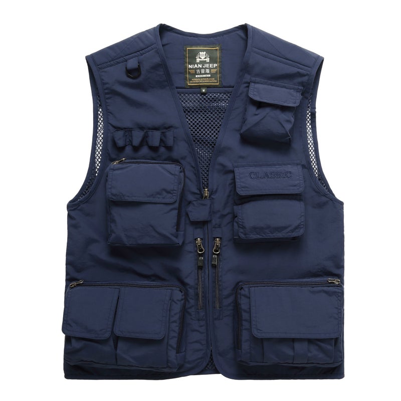 Summer New Mens Casual Outdoor Removable Multifunctional Multi-flap Pocket Pants Journalist Travel Photography Mesh Quick Dry Waistcoat Navy blue/dark blue