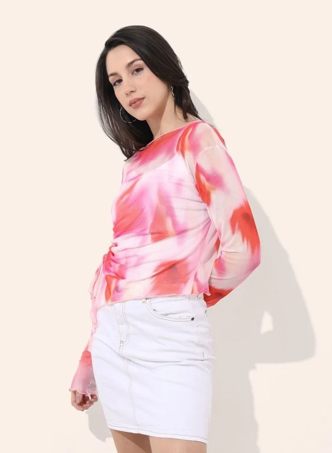 Women Regular Fit Paint Splash Boat Neck Long Sleeve Ruched Top