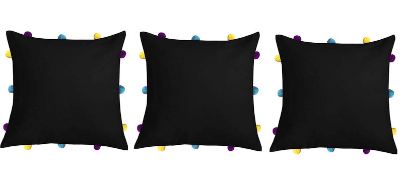 Lushomes Cushion Cover 12x12 Boho Cushion Covers Sofa Pillow Cover Cushion Covers with Tassels Cushion Cover with pom pom 12x12 Inches Set of 3 Black - Image 1