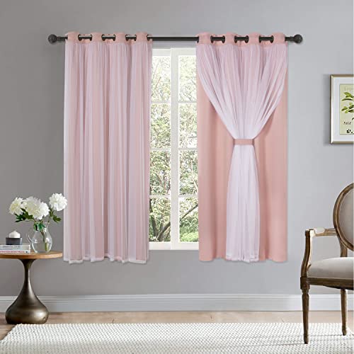 BONZER Mix and Match Blackout Curtains Grommet DoubleLayered Curtains with White Sheer Voile for Girls Bedroom Blush 52x63 Inch Set of 2 Panels