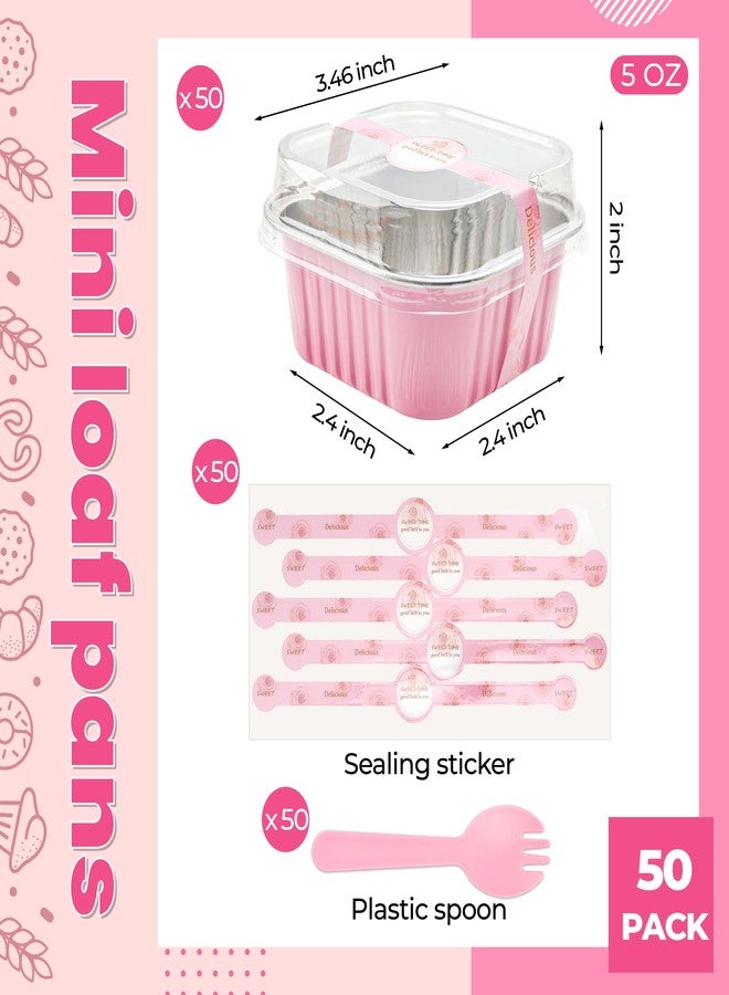 LOKQING 50 Pack Mini Cake Pans with Lids and Spoons Small Aluminum Foil Pans Square Baking Cups Disposable Ramekins Cupcake Liners for Brownie Pie (Pink, 5 oz) - Image 3