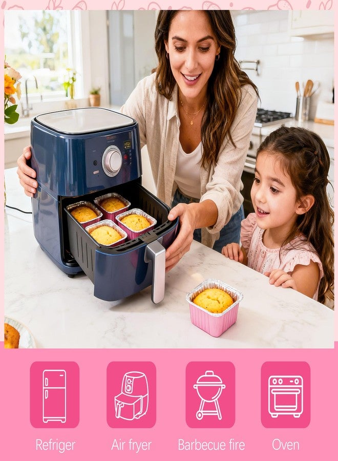 LOKQING 50 Pack Mini Cake Pans with Lids and Spoons Small Aluminum Foil Pans Square Baking Cups Disposable Ramekins Cupcake Liners for Brownie Pie (Pink, 5 oz) - Image 4