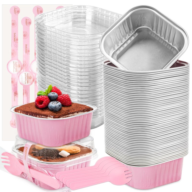 LOKQING 50 Pack Mini Cake Pans with Lids and Spoons Small Aluminum Foil Pans Square Baking Cups Disposable Ramekins Cupcake Liners for Brownie Pie (Pink, 5 oz) - Image 1