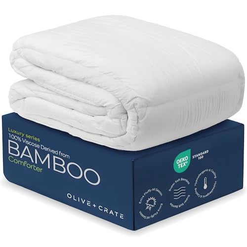 Olive + Crate Cooling Down Alternative Comforter - Hypoallergenic Queen Size Duvet Insert Lightweight - All Seasons Plush Design Bamboo Comforter - 100% Bamboo Viscose Outer Cover - White 88"x90" - Image 1