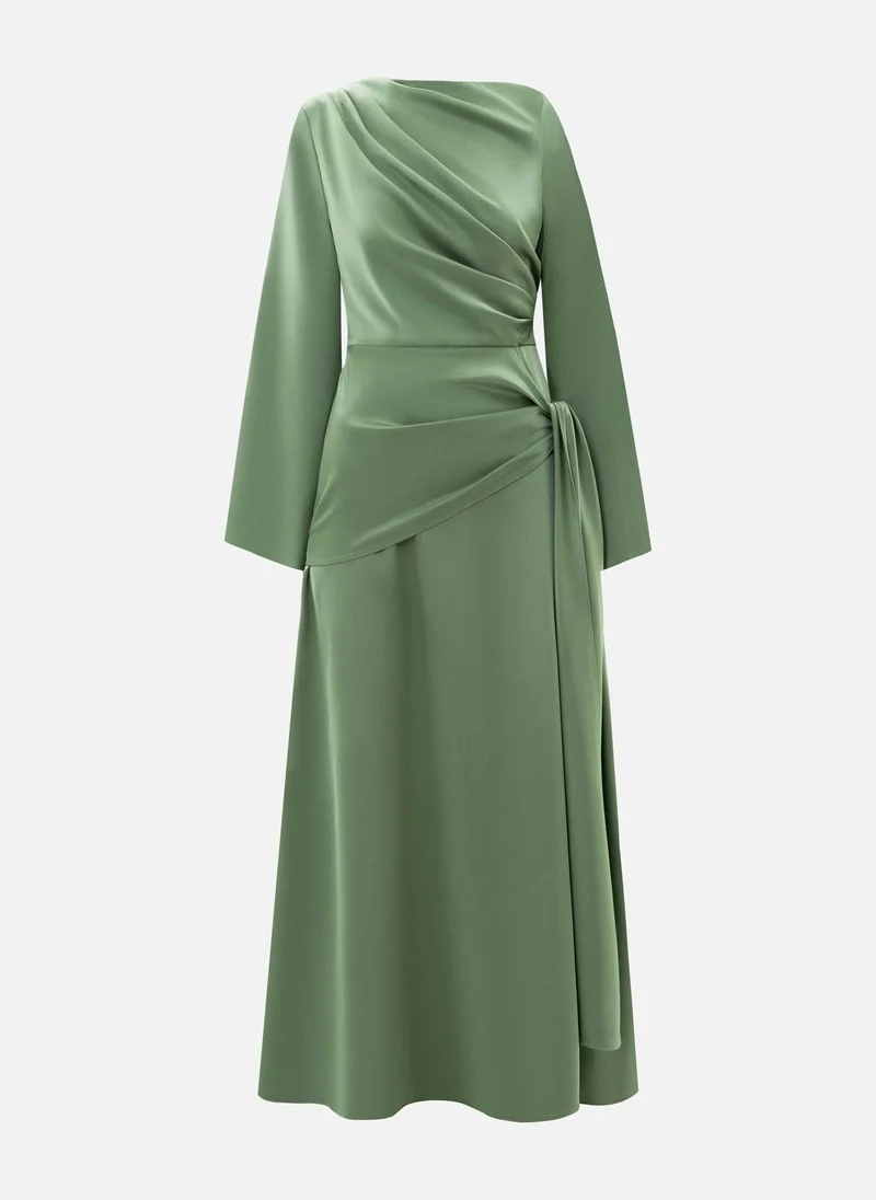 Lichi Maxi satin dress with long sleeves and asymmetrical draping
