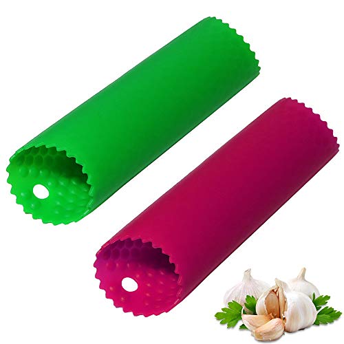 Sinnsally Garlic Peeler Skin Remover Roller Keeper,Easy Quick to Peeled Garlic Cloves with Silicone Tube Roller Garlic Peeling Kitchen Tool (Green,Red) - Image 1