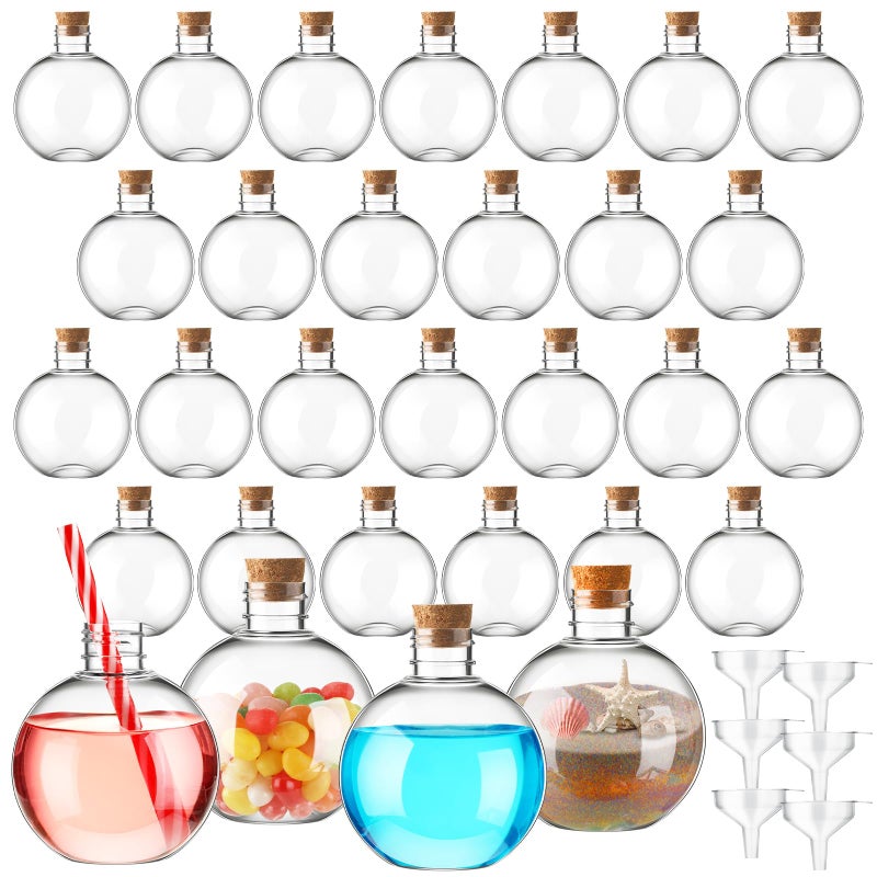 Jinei 30 Pcs 6 oz Ball Shape Plastic Sand Art Bottles Spherical Clear Plastic Potion Bottles Christmas Cocktail Ornament Balls for DIY Wedding Party Gift Crafts DecorationWood Color Cork