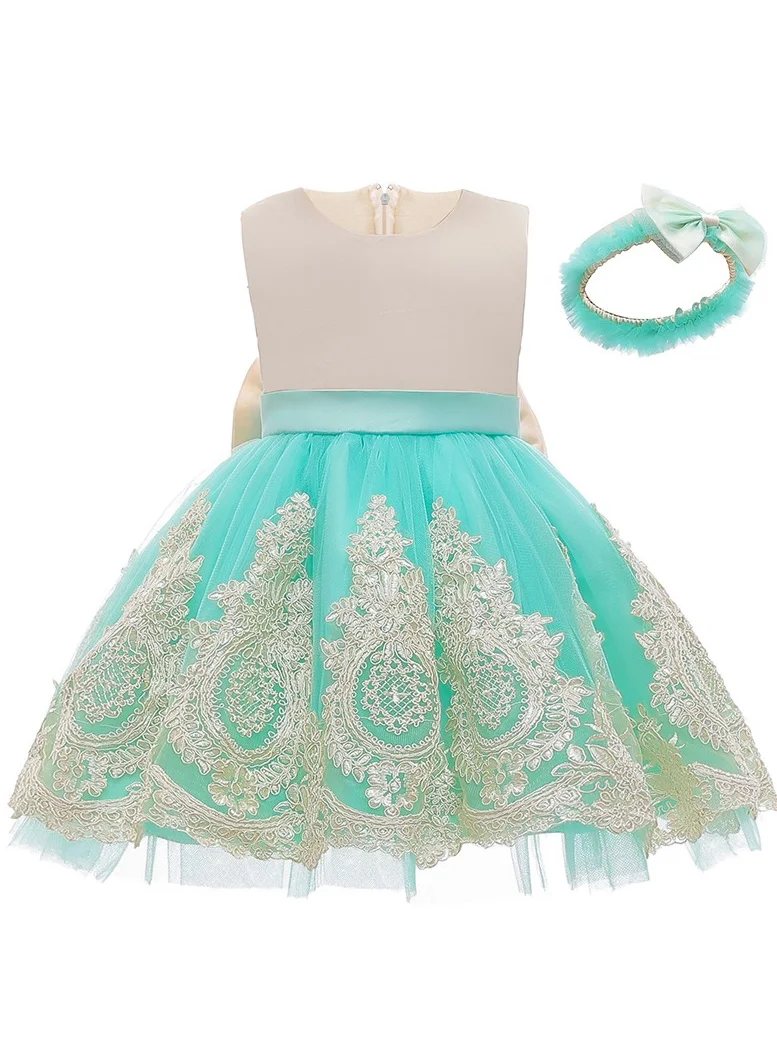 D'Daniela Little girl princess White and Green dress with HEADBAND