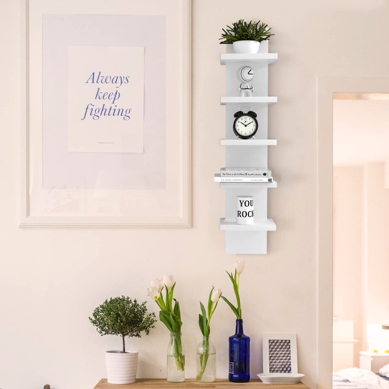 Bloddream 5 Tier Wall Shelves White, Vertical Column Shelf Floating Storage Home Decor Organizer Tall Tower Design Utility Shelving Bedroom Living Room, 30.7inch - Image 3
