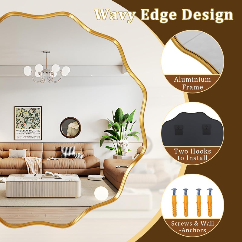 Riskioir 20 Inch Scalloped Round Wall Mirror, Gold Wavy Edge Frame Circle Mirror for Bathroom, Bedroom, Entryway, Living Room for Wall Decor - Image 2