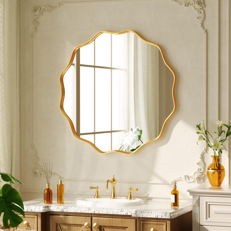 Riskioir 20 Inch Scalloped Round Wall Mirror, Gold Wavy Edge Frame Circle Mirror for Bathroom, Bedroom, Entryway, Living Room for Wall Decor - Image 1