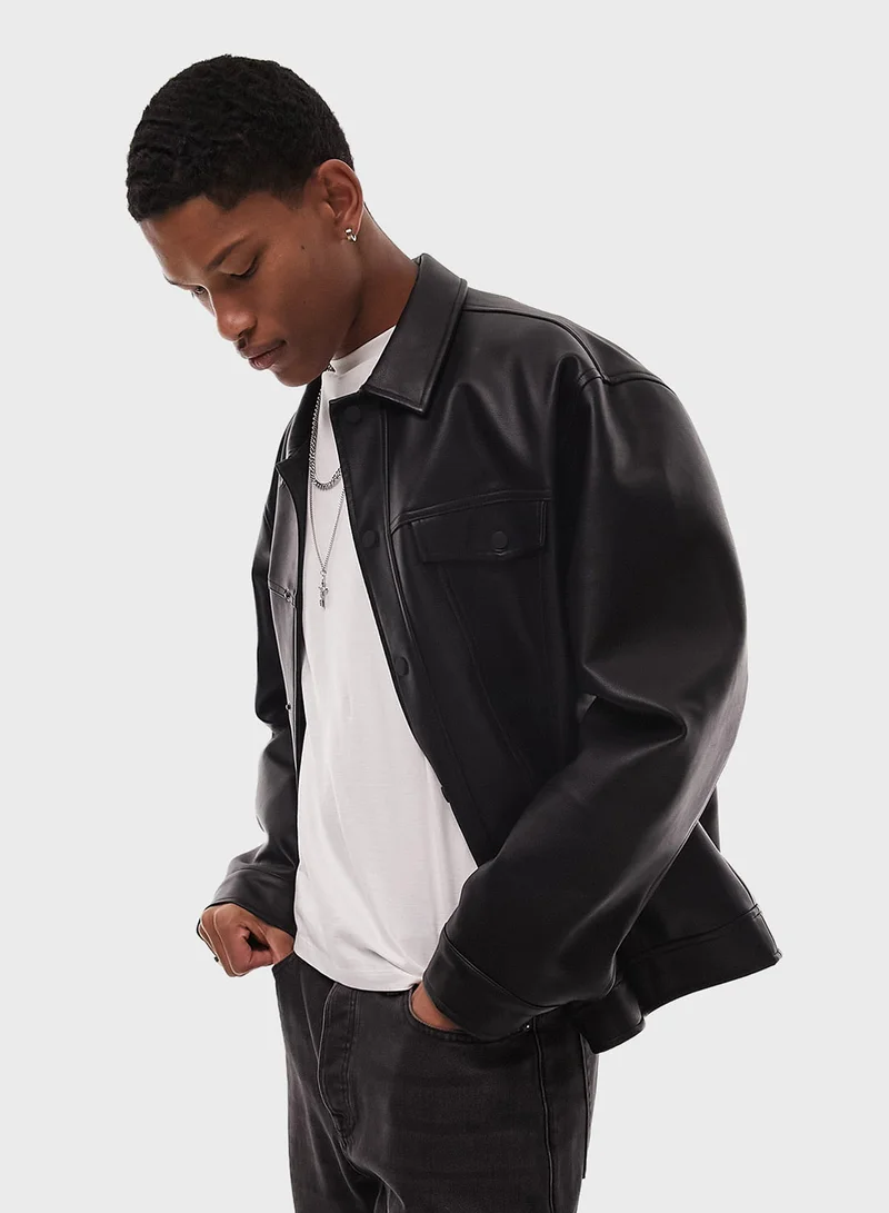 TOPMAN Topman faux leather western jacket in black - BLAC