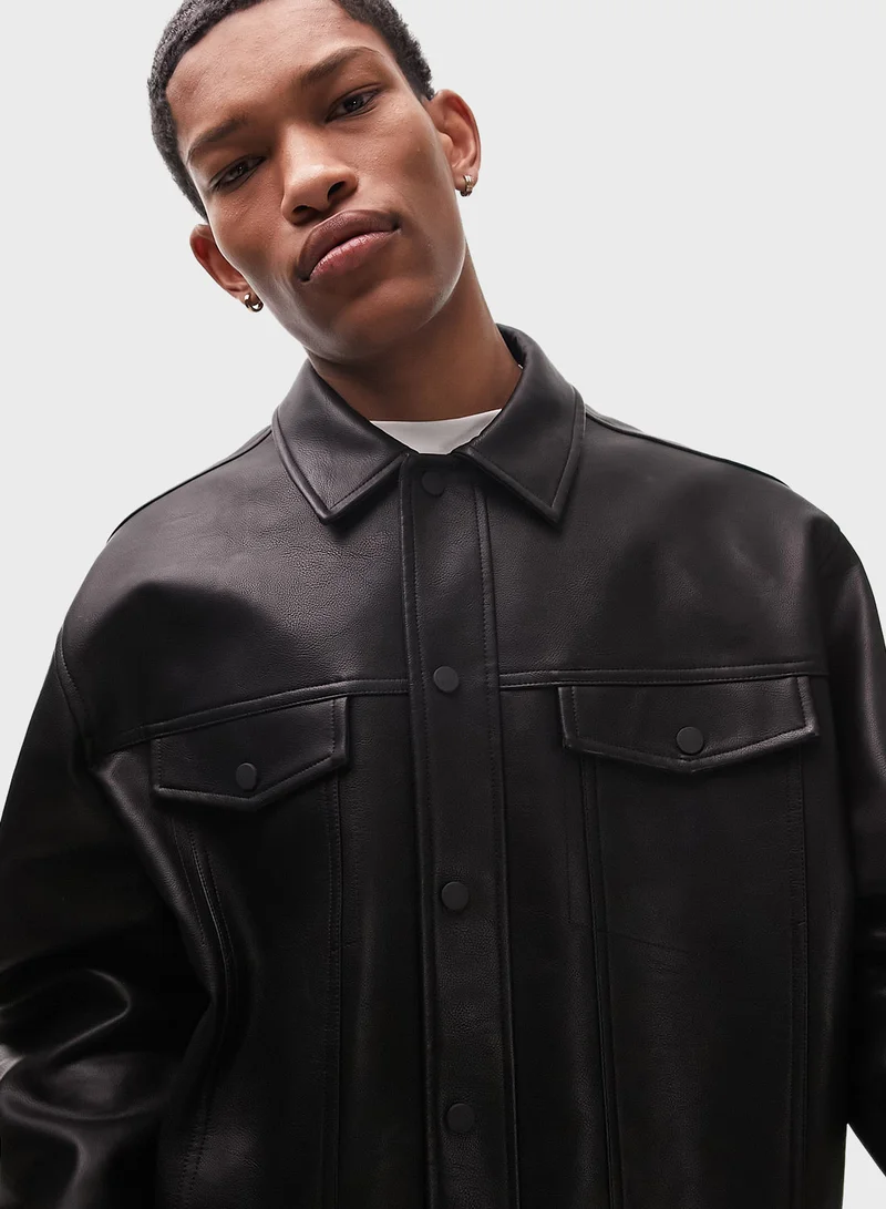 TOPMAN Topman faux leather western jacket in black - BLAC