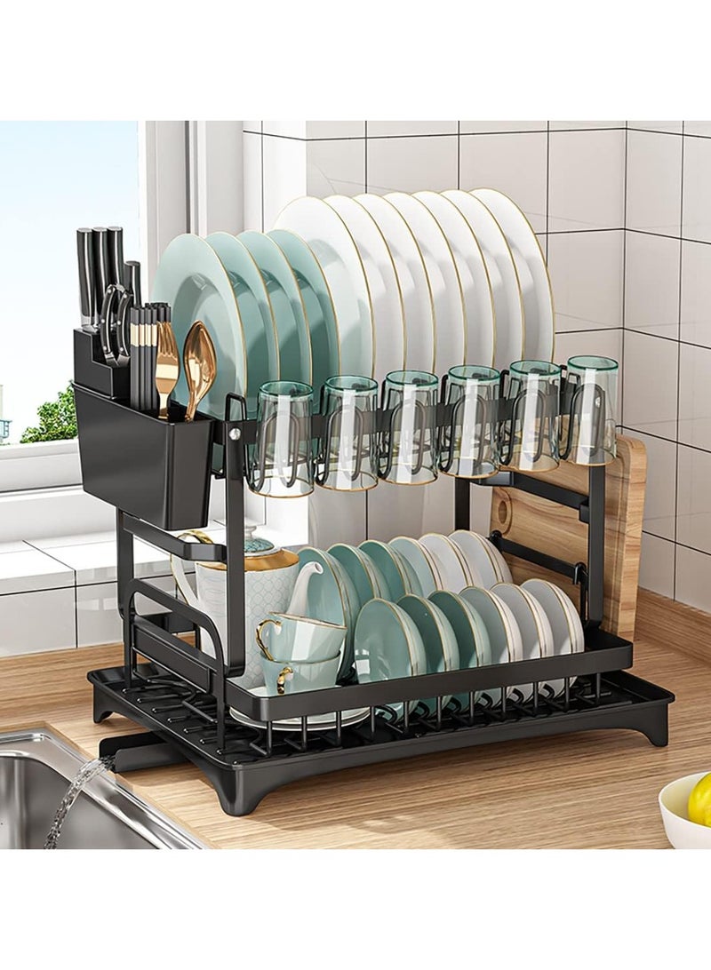 DubaiGallery Foldable 2 Tiers Dish Drying Stand With Rotatable Drainage System Scratch Resistant Frosted Baking Process Coatings Black  - Image 1