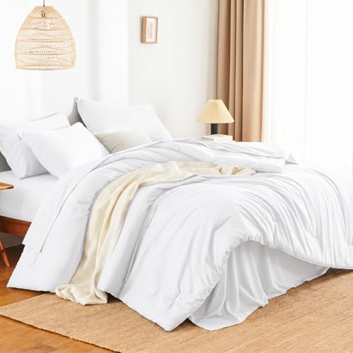 HIMEET Queen Comforter Set - 7 Pieces Bed in a Bag Queen Size, Luxury Comforter Set with Sheets for All Season, Bed Set with Comforter, Flat Sheet, Fitted Sheet, Pillowcases & Shams, White - Image 3