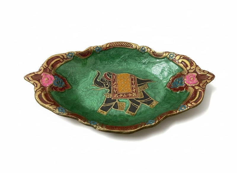 umsang Vintage Decorative Pure Brass Trinket Dish, Enamel with Elephant Design, Gold Floral Border | Bohemian Ring Holder for Dresser, Key, Jewels, Stones Gift (Green) - Image 2