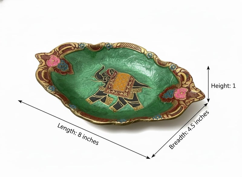 umsang Vintage Decorative Pure Brass Trinket Dish, Enamel with Elephant Design, Gold Floral Border | Bohemian Ring Holder for Dresser, Key, Jewels, Stones Gift (Green) - Image 5