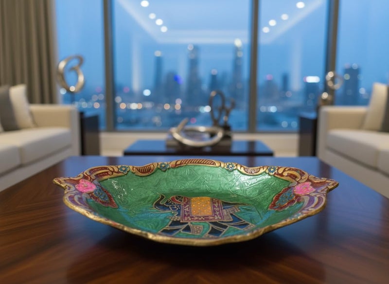 umsang Vintage Decorative Pure Brass Trinket Dish, Enamel with Elephant Design, Gold Floral Border | Bohemian Ring Holder for Dresser, Key, Jewels, Stones Gift (Green) - Image 1