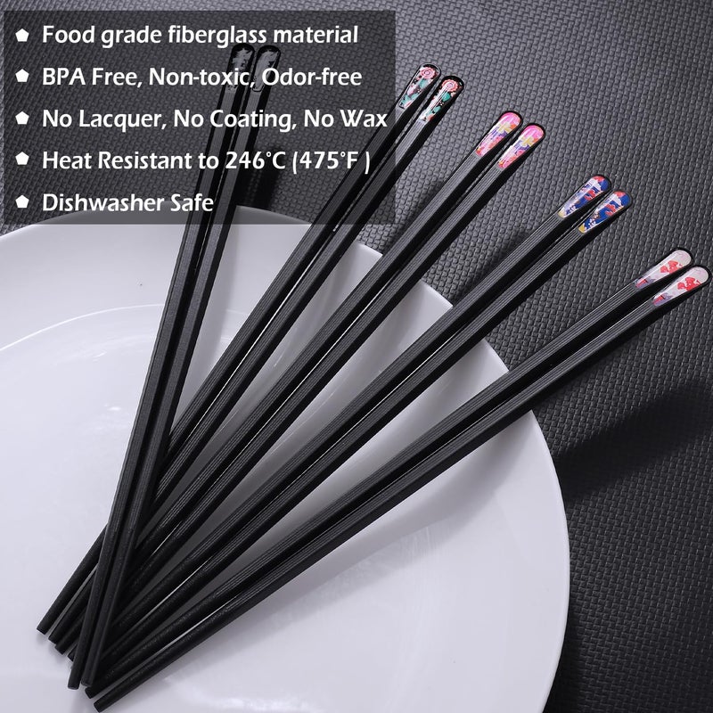 GLAMFIELDS 5 Pairs Premium Chopsticks Reusable Dishwasher Safe 9.5 Inch Fiberglass Chop Sticks Gift Set Hexagon Black Non Slip with the Printed Tops - Image 3