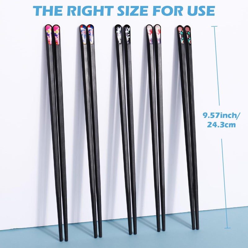 GLAMFIELDS 5 Pairs Premium Chopsticks Reusable Dishwasher Safe 9.5 Inch Fiberglass Chop Sticks Gift Set Hexagon Black Non Slip with the Printed Tops - Image 2