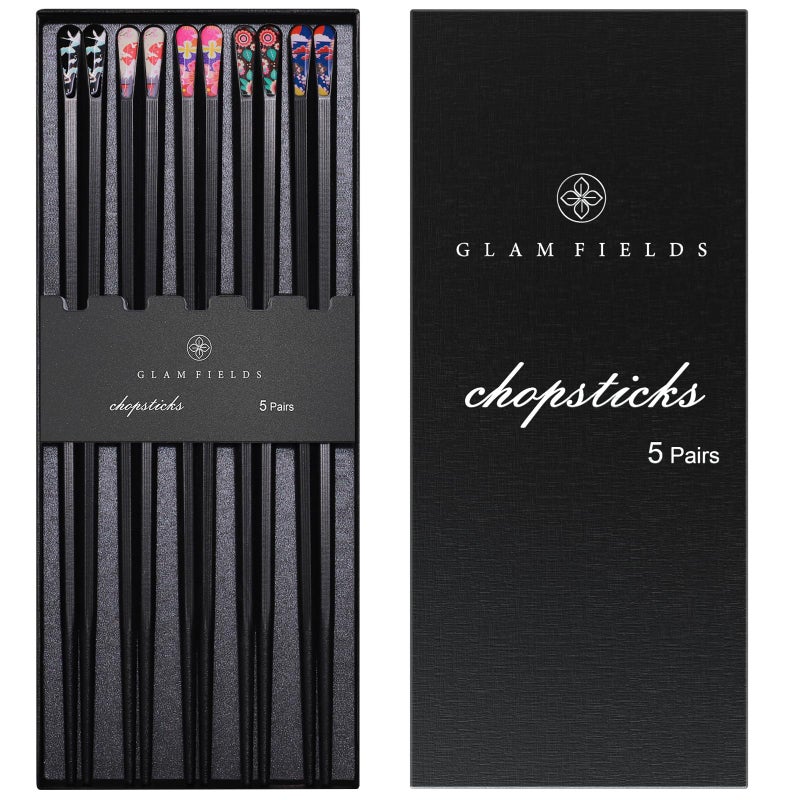 GLAMFIELDS 5 Pairs Premium Chopsticks Reusable Dishwasher Safe 9.5 Inch Fiberglass Chop Sticks Gift Set Hexagon Black Non Slip with the Printed Tops - Image 1